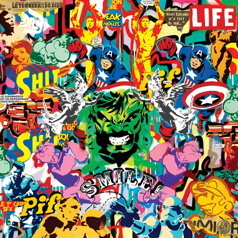 A vibrant, colorful pop art collage featuring comic book characters like Hulk and Captain America, alongside other cultural icons.