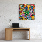 Colorful pop art canvas featuring comic book characters and words.