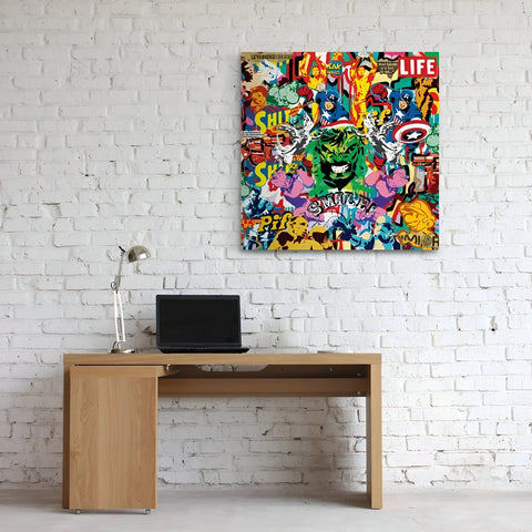 Colorful pop art canvas featuring comic book characters and words.