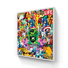 Framed pop art collage featuring Marvel superheroes.