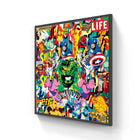 Framed pop art collage featuring comic book characters and text.