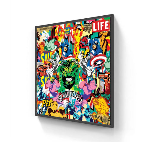 Framed pop art collage featuring comic book characters and text.