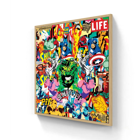 Vibrant pop art canvas print featuring comic book heroes