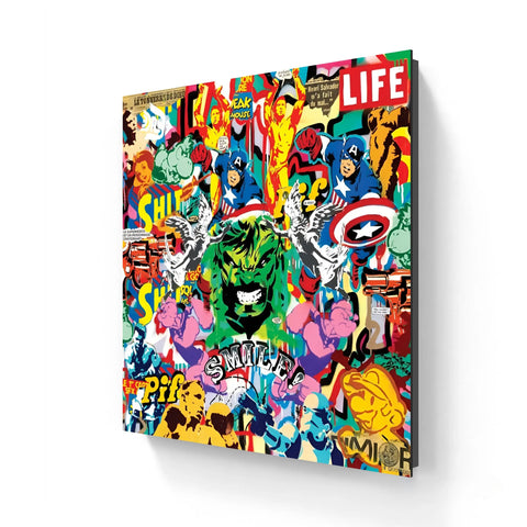 Colorful pop art canvas featuring comic book characters.