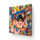A vibrant pop art style canvas featuring comic book heroines Supergirl and Wonder Woman.