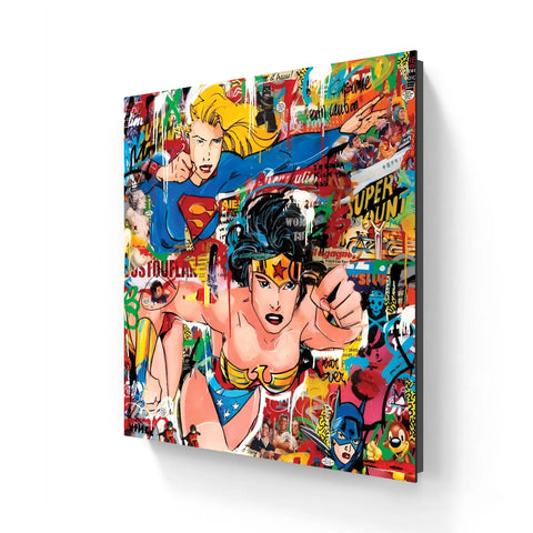 A vibrant pop art style canvas featuring comic book heroines Supergirl and Wonder Woman.