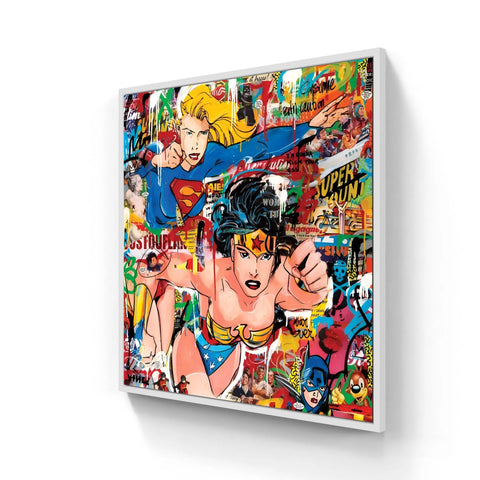 Pop art canvas featuring Wonder Woman and Supergirl.