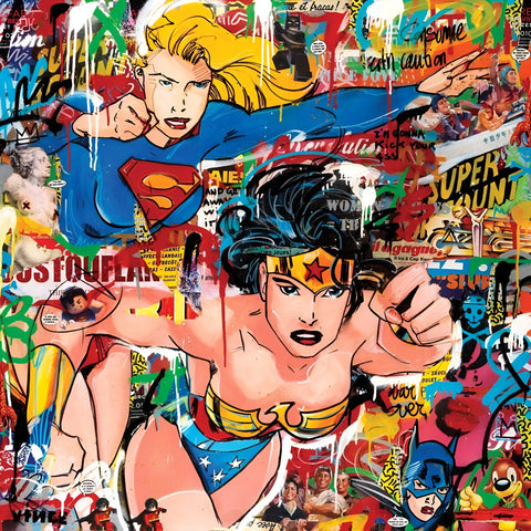 Pop art painting of Supergirl and Wonder Woman.