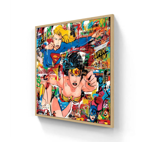 Pop art style canvas print featuring Supergirl and Wonder Woman.