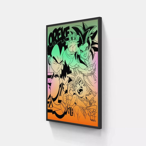 A framed canvas with a colorful background of pokemon characters