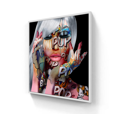 Pop art style portrait of a woman with comic book elements.
