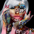 A woman with white hair and pop art-inspired body paint.