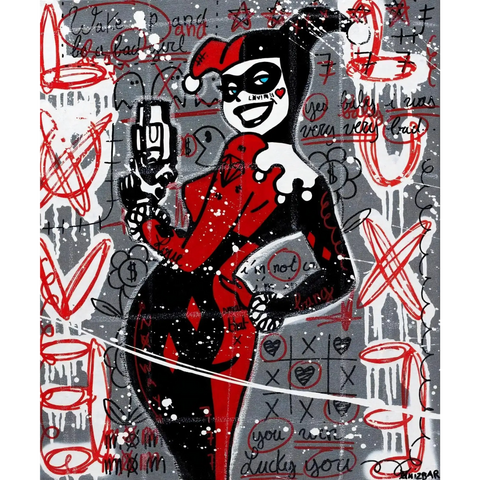 A painting of a woman in a red dress holding a gun