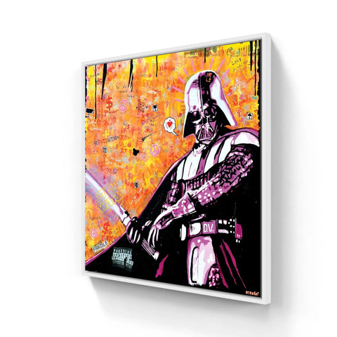 Darth Vader wielding a lightsaber against an orange graffiti-style backdrop.
