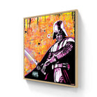 Pop art style painting of Darth Vader against an orange background.