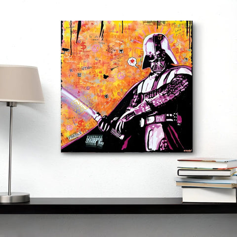 Pop art style painting of Darth Vader against a vibrant orange background.