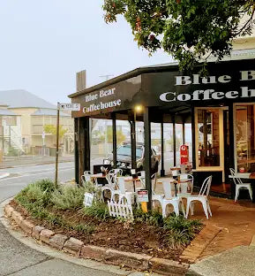 The storefront of blue bear coffeehouse, featuring a dark green awning with white lettering and outdoor seating arranged on a landscaped corner.