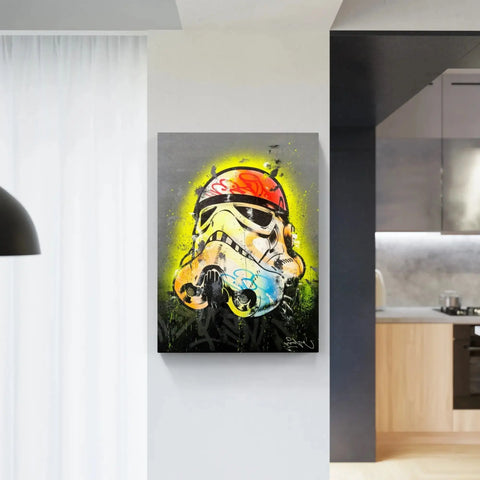 Colorful Stormtrooper helmet graffiti art.