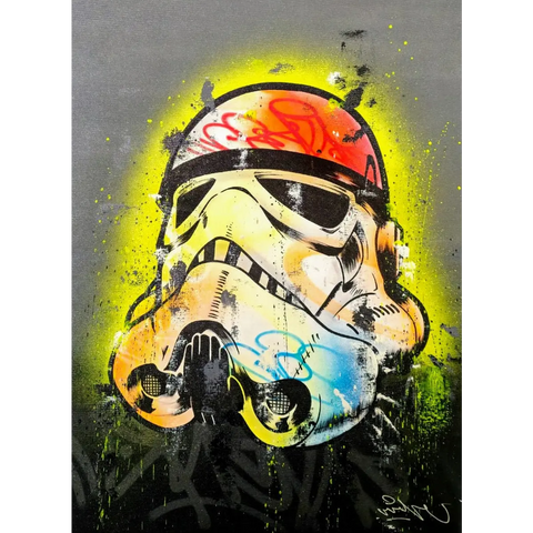Colorful Stormtrooper helmet graffiti art.