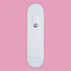 A minimalist white skateboard deck with a smooth, glossy finish and subtle branding stickers near the top.