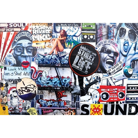 Vibrant street art mural featuring diverse graffiti, portraits, and pop culture references.