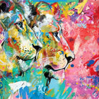A painting of a lion with colorful paint strokes