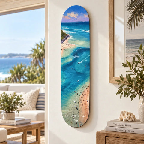 A vibrant skateboard deck featuring a painted coastal scene of tallebudgera creek australia keepsake fakeboard