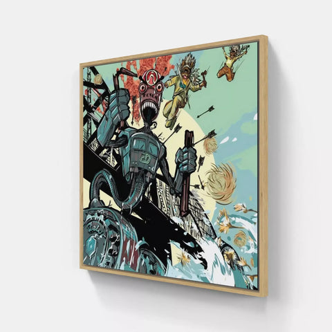 A framed print of a knight and his knights