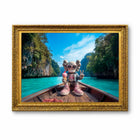 Golden ornate frame with vibrant kaws character sitting in a boat holding ice cream in thailand kweam aluminum artwork