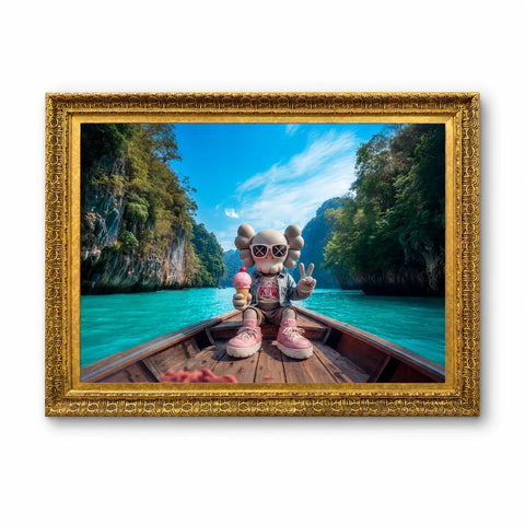 Golden ornate frame with vibrant kaws character sitting in a boat holding ice cream in thailand kweam aluminum artwork