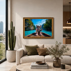 Golden-framed original aluminium artwork of kaws character in pink sneakers on boat in thailand turquoise waters