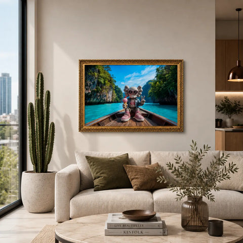 Golden-framed original aluminium artwork of kaws character in pink sneakers on boat in thailand turquoise waters