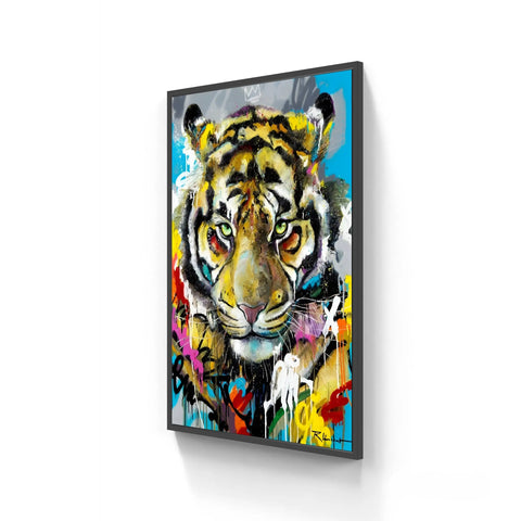 Colorful, framed tiger head painting in a graffiti-style.