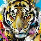 A vibrant, graffiti-style painting of a tiger’s face.