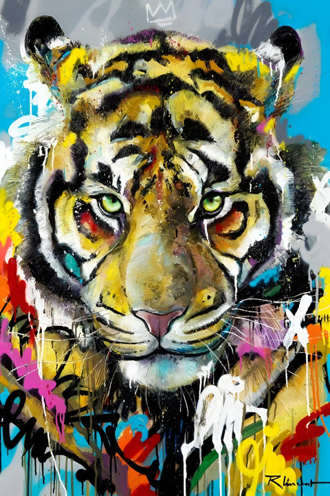 A vibrant, graffiti-style painting of a tiger’s face.