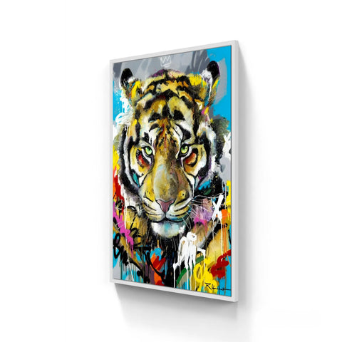 Vibrant pop art style painting of a tiger’s head.