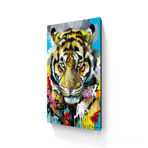 Vibrantly colored, graffiti-style tiger head painting with striking green eyes.