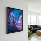 A framed original aluminium artwork of a pink and purple kaws character in a neon-lit tokyo cityscape