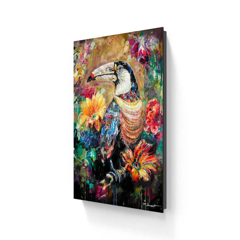 Vibrant abstract painting featuring a toucan with colorful, textured feathers and floral elements in bold hues of orange, red, blue, and green.