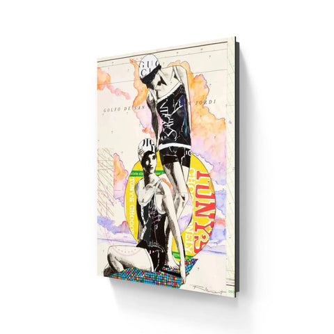 Gucci twin tides limited edition aluminium canvas art with black and white swimmers on vibrant watercolor map background