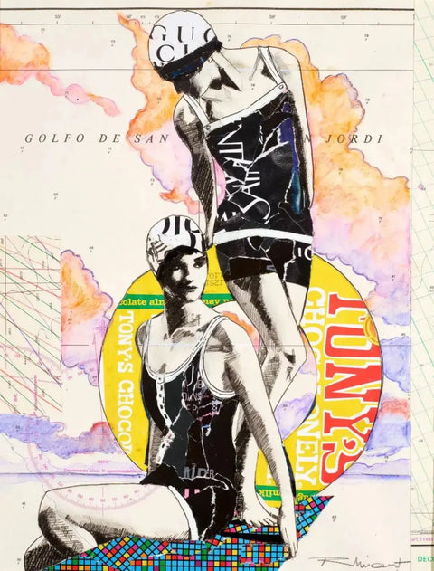 Illustration of gucci-branded black and white swimwear with bold graphics on vibrant collage background for twin tides limited edition aluminium