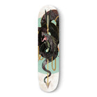 Skateboard deck featuring an artistic design of a black snake wrapped around a golden arrow.