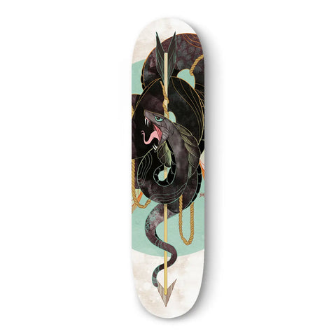 Skateboard deck featuring an artistic design of a black snake wrapped around a golden arrow.