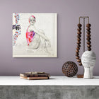 A vibrant, abstractly illustrated canvas print featuring a swimmer in a colorful swimsuit against a vintage map background.