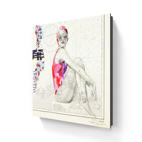 Valentino branded square canvas art featuring a stylized swimmer in a vibrant pink and purple swimsuit against a nautical chart background.