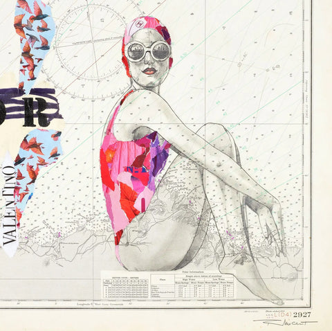 A woman in a vibrant, patchwork swimsuit with pink and purple hues sits against a nautical chart background.