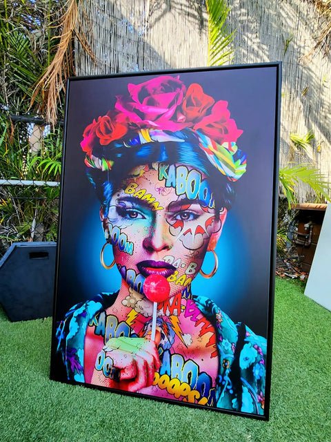 Vibrant, colorful portrait painting in a pop art style featuring a woman’s face with floral headdress.