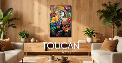 Vibrant, colorful toucan painting with bold floral patterns and a striking black-and-white bird against a dark background.