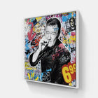 A painting of a man with a microphone in front of graffiti