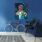 Vibrant pop-art aluminium canvas portrait of Tupac Shakur with colorful brushstrokes and words of wisdom on deep blue wall
